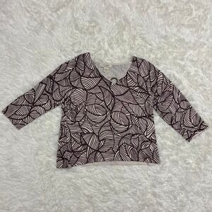Boho Chic Glam Y2K Brown/white abstract print blouse 3/4 sleeves V-neckline 1X